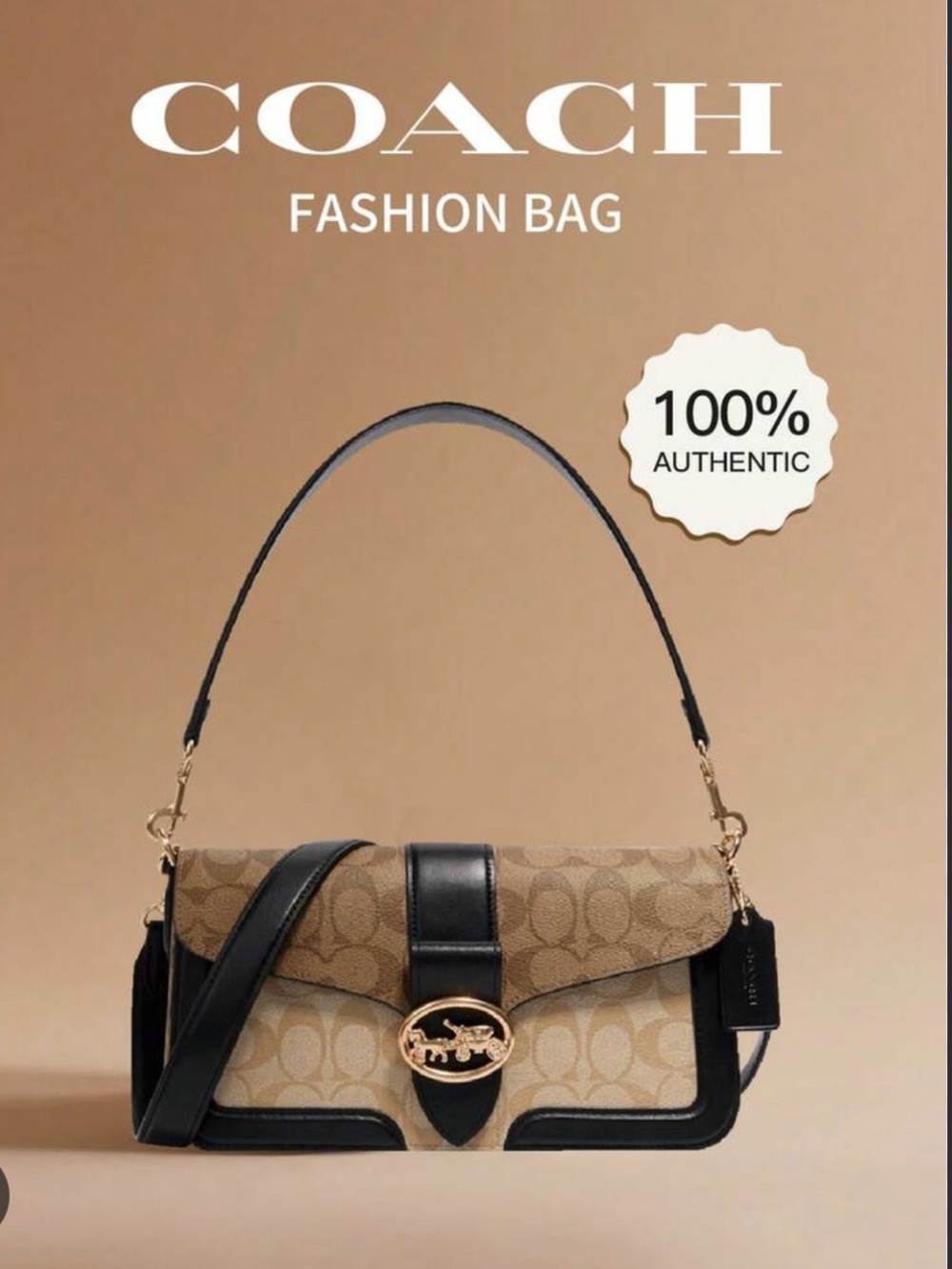 Coach Tan Signature Canvas Shoulder Bag with Black Trim
